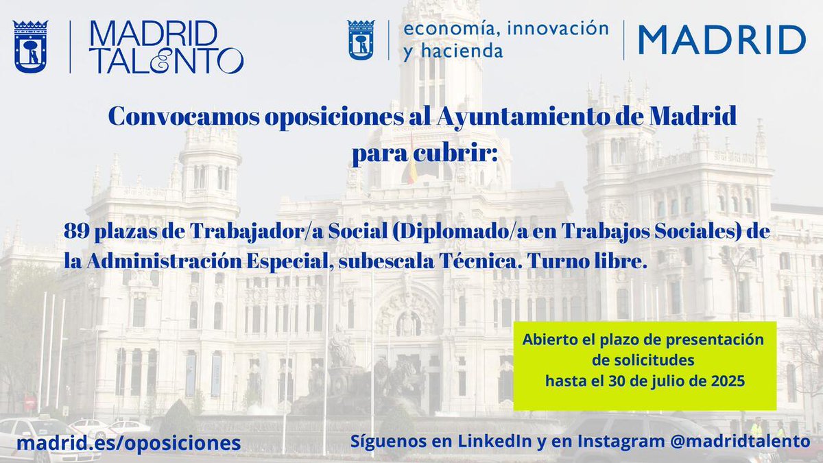 JMDCiudadLineal's tweet image. 📢 ¿Te gustaría trabajar como Trabajador Social en el Ayuntamiento de Madrid?
A través de #MadridTalento, hemos convocado 89 plazas 🏛️
🗓️ Tienes hasta el 30 de julio para inscribirte
👉 Infórmate y presenta tu solicitud aquí: informate.madrid.es/owlms1