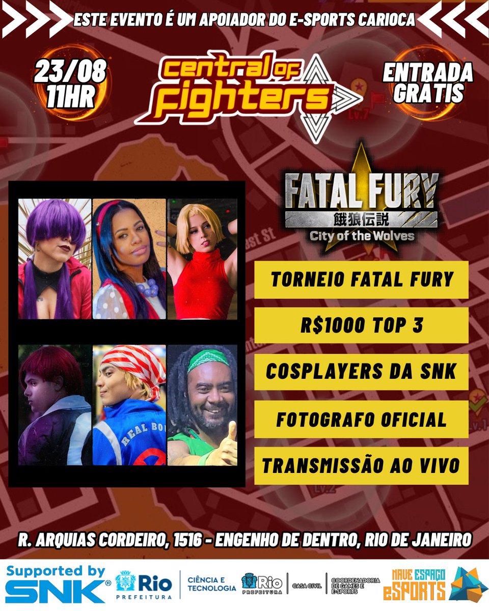 CentralFight7's tweet image. Destaque para a cobertura do evento, que contará com fotografo oficial da Pref RJ, e divulgação nas páginas oficiais da SNK, com a POSSIBILIDADE dos cosplayers presentes aparecerem nela, além é claro da super live.
@FATALFURY_PR @SNKPofficial @SNKPofficial_jp @FatalFuryBrasil