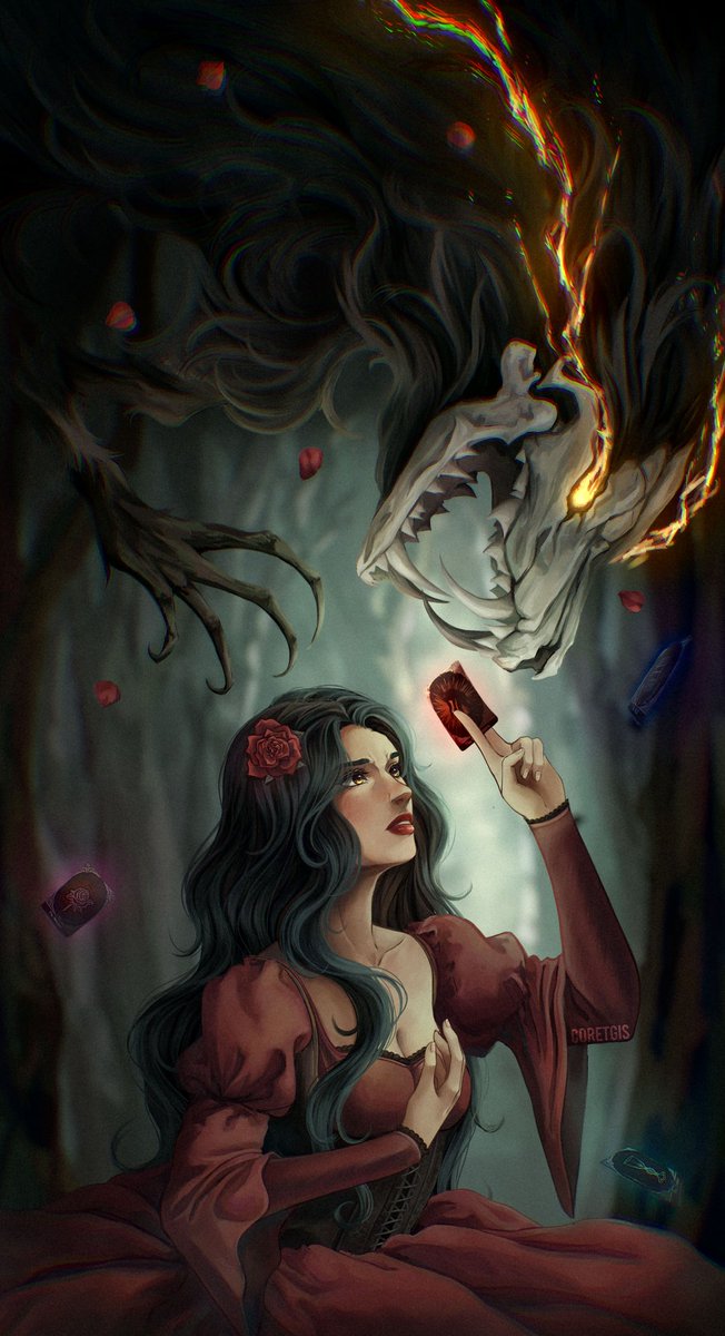 CoretGis's tweet photo. “The two were together, so the two were the same...The girl, the King...and the monster they became.”
Fan art of Elspeth and The Nightmare from “One Dark Window” by Rachel Gillig. https://t.co/vQEayj6L1E
