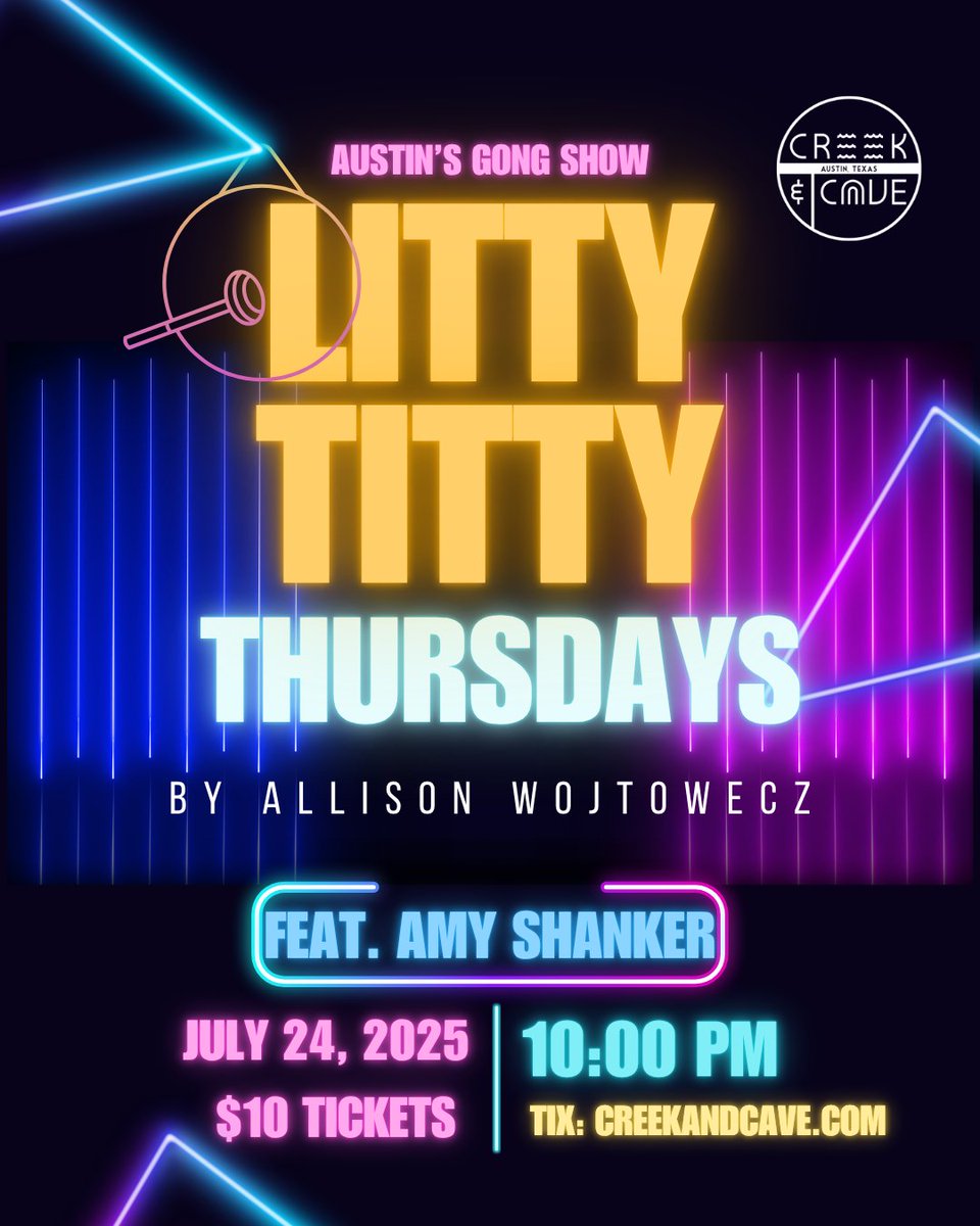 Tonight at The Creek in Austin! 🔥 @tommyjpope &amp; Friends at 8pm, Litty Titty Thursday with @thealliwo and @amyshanker at 10pm, open mics at 6pm and midnight! Get your tickets: creekandcave.com/#shows