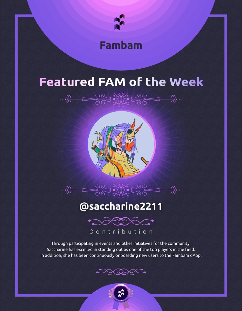 Fambam (@fambam_com) on Twitter photo ✨Featured FAM of the Week✨
<a href="/saccharine2211/">Saccharine</a> is not only an active community member, she’s also very passionate about the ecosystem that we’re building.
Thanks for all contributions, Saccharine. Looking forward to what's next! 🚀 ✨Featured FAM of the Week✨
<a href="/saccharine2211/">Saccharine</a> is not only an active community member, she’s also very passionate about the ecosystem that we’re building.
Thanks for all contributions, Saccharine. Looking forward to what's next! 🚀