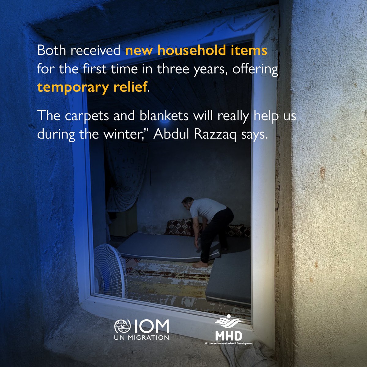 IOMSyria's tweet image. With Syria on its path to recovery, millions remain displaced in camps, struggling each day to get by.
For brothers Abdul Razzaq & Mohammed, receiving essential household items — like mattresses, blankets, hygiene & kitchen supplies — is a small act, but a big source of relief.