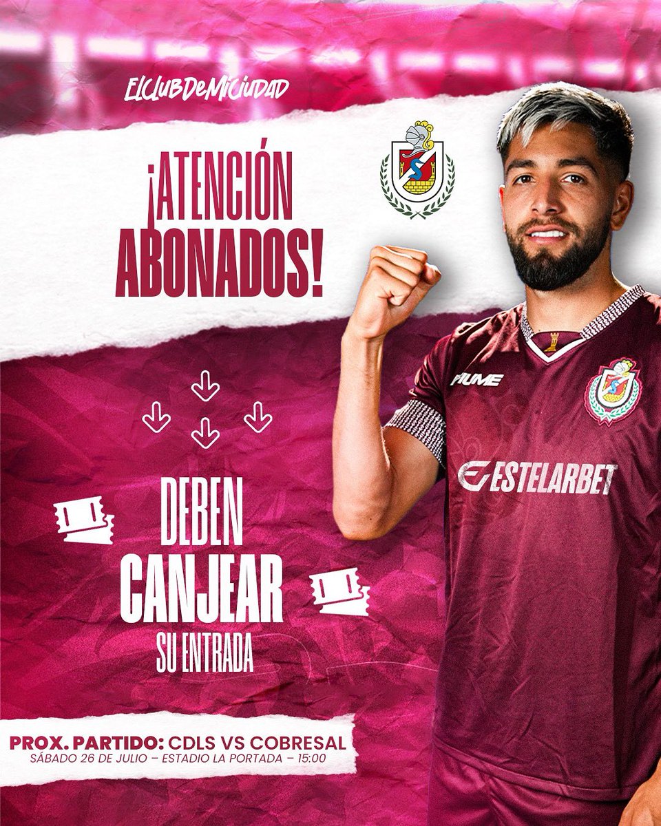 CDLS_OFICIAL's tweet image. ποΈ Abonados granates: para este sΓ‘bado deben canjear su entrada en Ticketmaster.cl. El canje es gratuito, pero obligatorio
π TambiΓ©n deben estar inscritos en el Registro Nacional de Hinchas: registrodehinchas.cl
Β‘Nos vemos en La Portada! β½
#SiempreAdelante