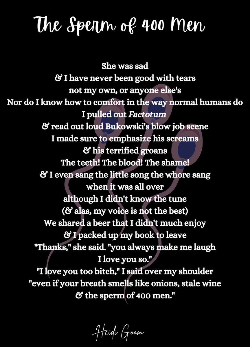 From the #poetry archives, because it worked for #vss365 prompt #tears, and this one deserves a revisit. You can thank my obsession with Bukowski for this one 
The Sperm of 400 Men.
#vsspoem