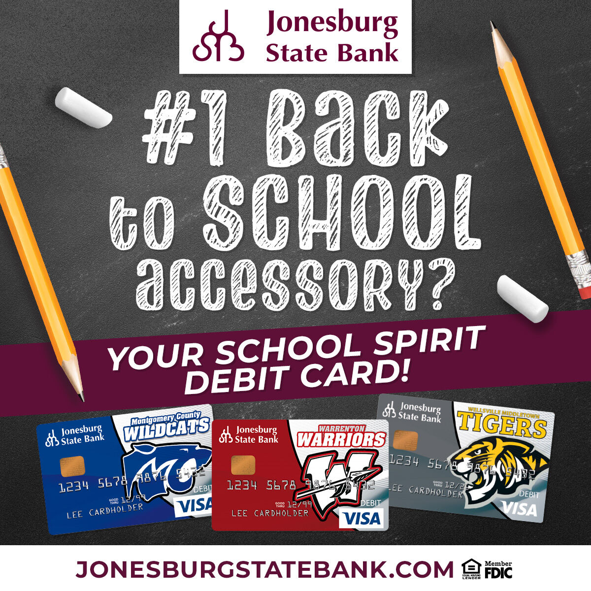Get ready for back-to-school season with the #1 accessory!  Your Jonesburg State Bank School Spirit Debit Card! Show off your #Wildcat, #Warrior, or #Tiger pride and make your school year even better. #SchoolSpiritDebitCard

Learn more and get yours at bit.ly/4iSRMGK!
