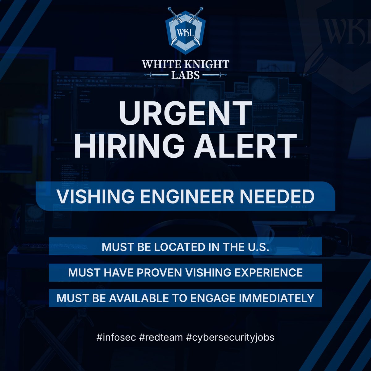 WKL_cyber's tweet image. 🚨 URGENT: White Knight Labs needs a Vishing Engineer – 1099 contract, must be CONUS-based 🇺🇸
✅ Proven vishing experience
✅ Immediate availability
📩 Send resume: jobs@whiteknightlabs.com
🔁 RT to help us move fast!