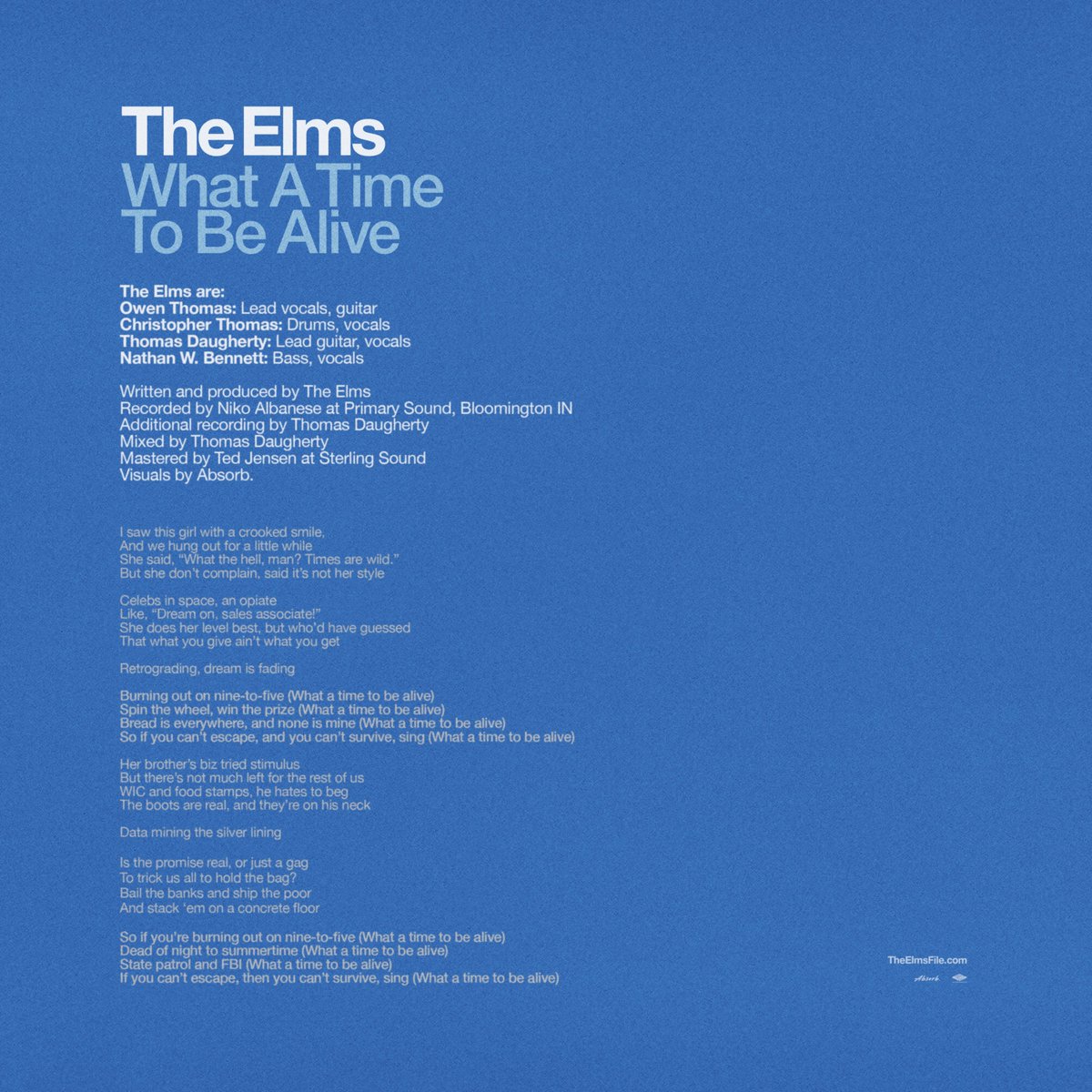 Official cover art and lyrics for THE ELMS' first new song in 15 years, "What A Time To Be Alive" - have you checked the song out yet? Listen now, and get your tickets for #THEELMS25 live in Indianapolis on Sept 21 here: linktr.ee/theelmsofficial