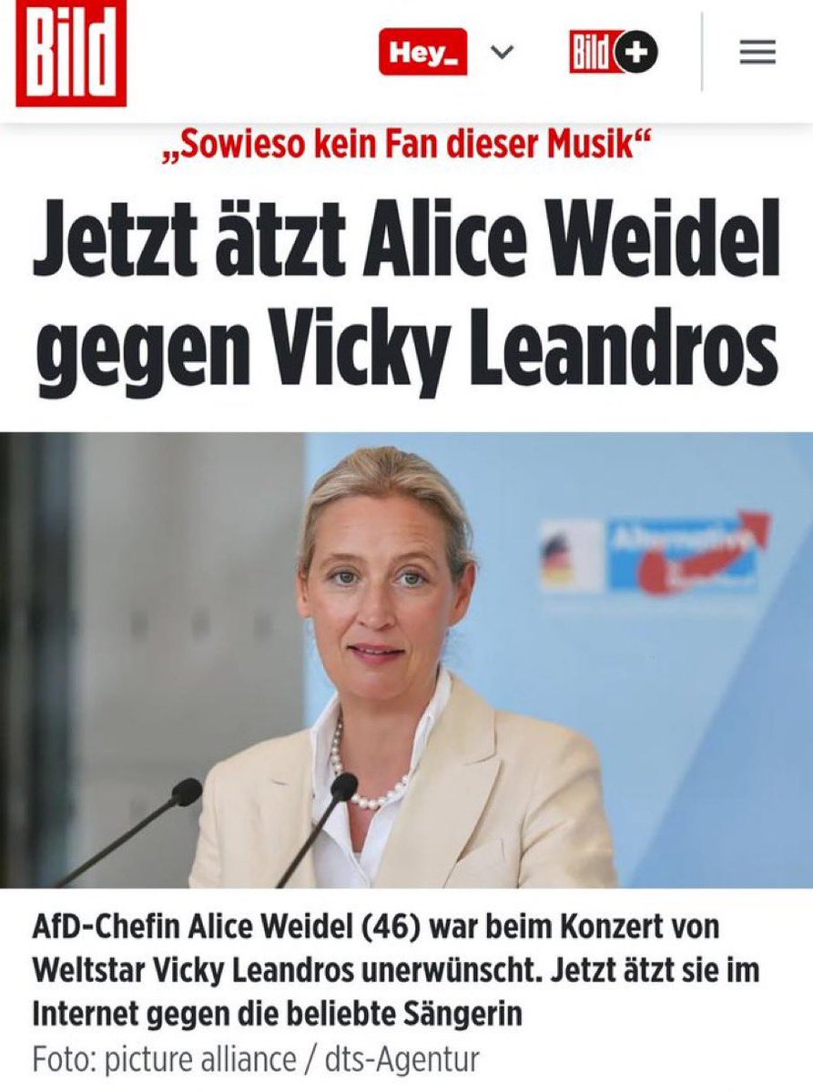 at_michii's tweet image. Die @BILD, ein verlängerter Arm des medialen Prangers, gesteuert, politisch motiviert, schamlos manipulativ.
Alice Weidel äußert eine harmlose, persönliche Meinung über ihr Musikgeschmack und benennt die Wahrheit hinter einer inszenierten Ausladung. Was macht ihr daraus?
Eine…