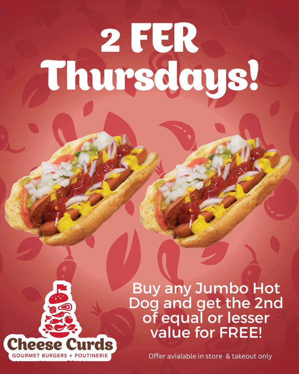 It's 2 FER days of summer. Every Thursday buy a Jumbo Dog and get the 2nd of equal or lesser value for FREE! Offer not available for online orders or delivery.

#2FER