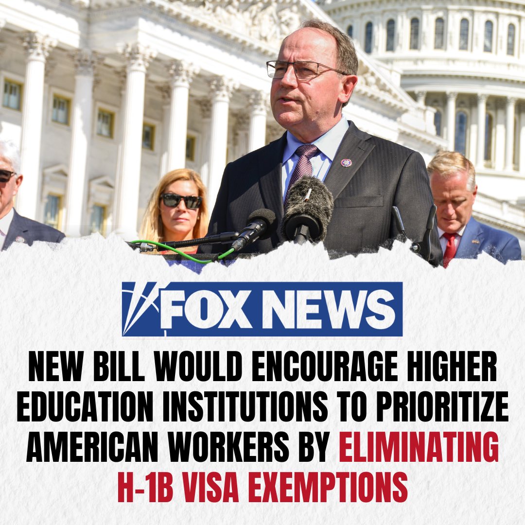 Rep. Tom Tiffany (@reptiffany) on Twitter photo Too often, universities exploit an H-1B visa loophole to hire unlimited foreign workers instead of Americans.
Today I introduced the CAP Act with <a href="/Rep_Clyde/">Rep. Andrew Clyde</a> to end this abuse.
It’s time to put American talent first. Too often, universities exploit an H-1B visa loophole to hire unlimited foreign workers instead of Americans.
Today I introduced the CAP Act with <a href="/Rep_Clyde/">Rep. Andrew Clyde</a> to end this abuse.
It’s time to put American talent first.