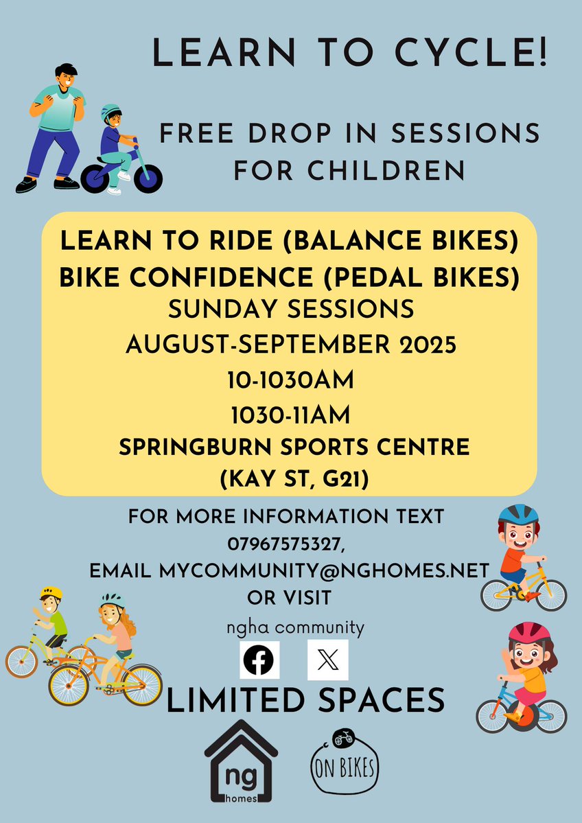 Our Learn to Ride cycle lessons start back next Sunday 3 August. 2 sessions (10am or 1030am) at Springburn Sports Centre.

Spaces will fill quickly - get in touch to save a space for your child today!  Sessions are FREE - all equipment provided.