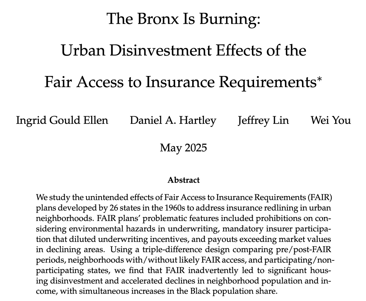 Interesting, highly relevant. What happens when states force home insurers to do things that  aren't in their interest (like premium caps, prohibitions of underwriting conditions) etc.

Hartley et al: effects of Fair Access to Insurance Requirements in the 1960s. 1/