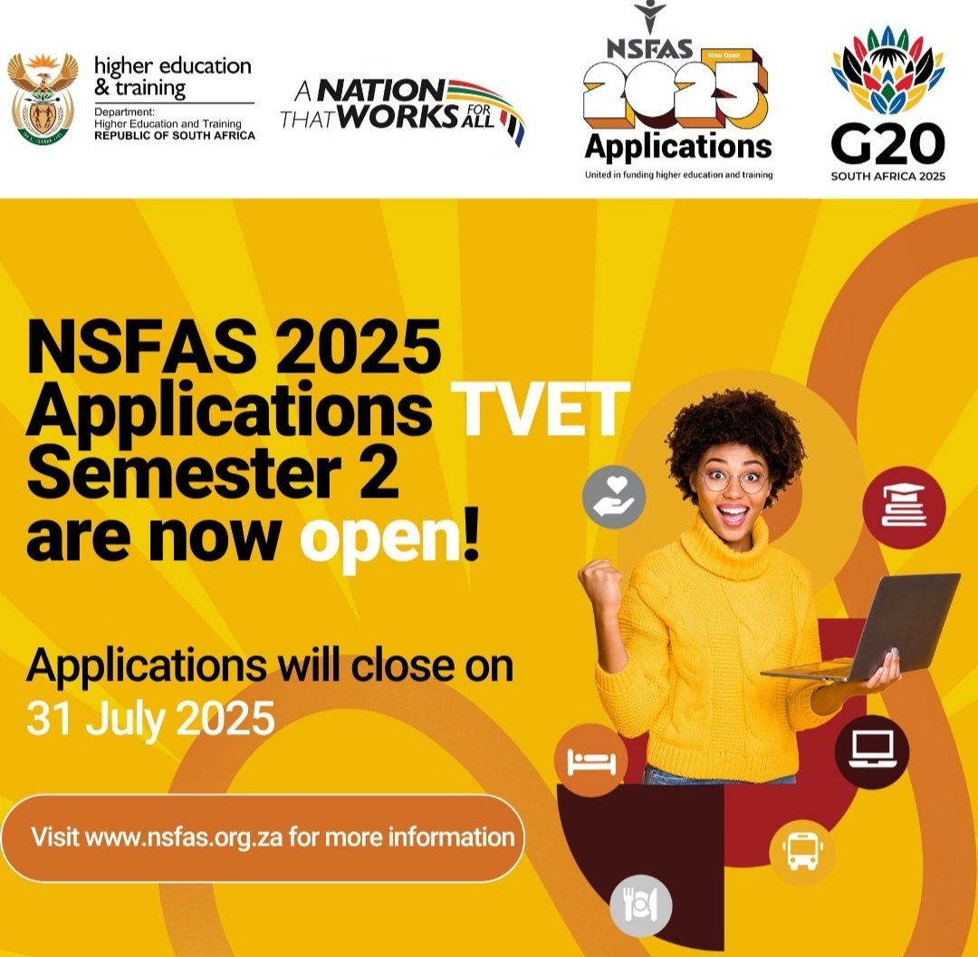OApplications_O's tweet image. NSFAS 2025 Applications – Semester 2
For TVET Colleges – NOW OPEN!

Deadline: 31 July 2025

📲 Need help
 WhatsApp: +27 62 659 6676 / +27 73 664 3224
Instagram | TikTok | Facebook: Online Applications Office
#NSFAS2025 #TVETFunding #Semester2 #FreeEducationSA