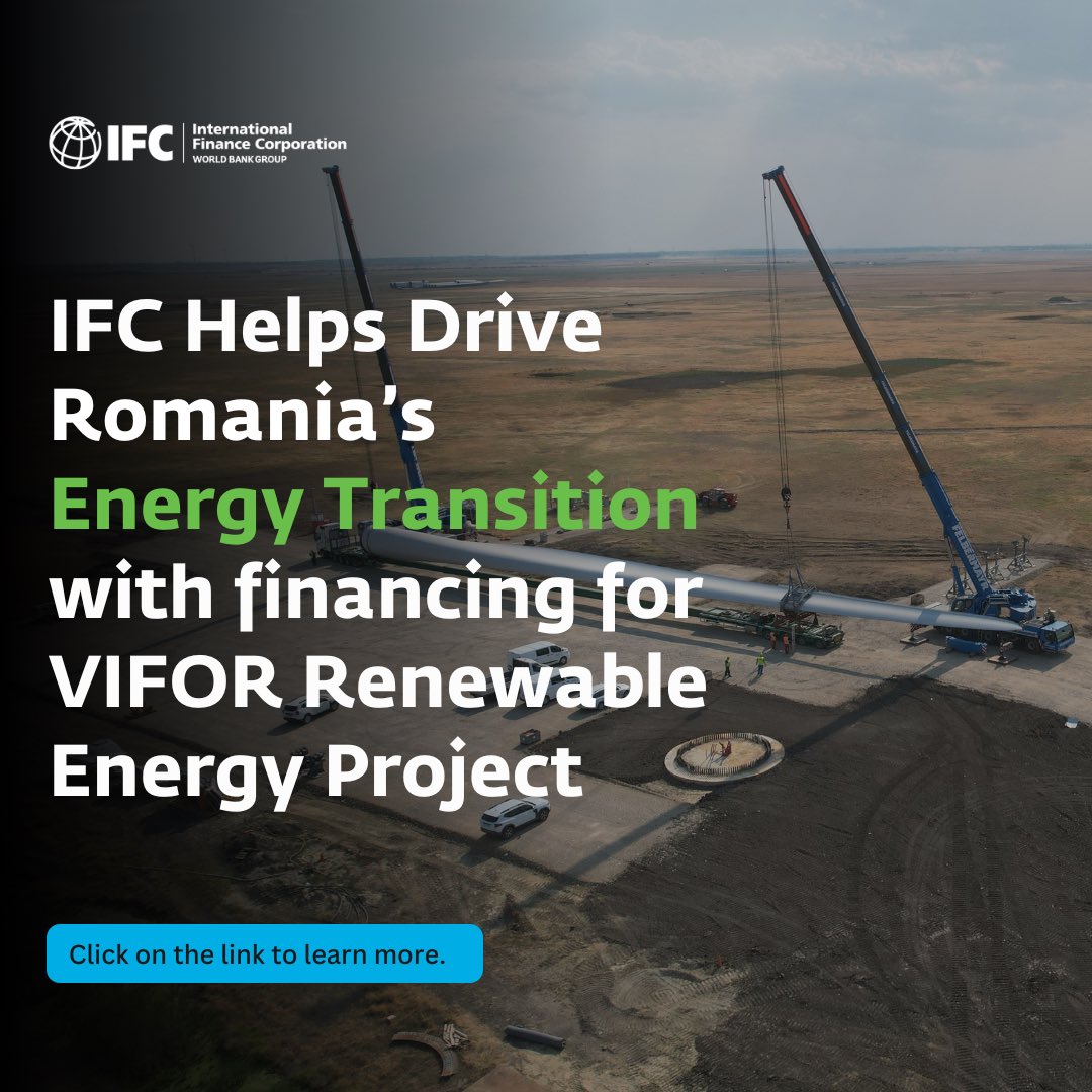 ifc_ines's tweet image. To accelerate the sustainable transition, #Romania must:
⚡Increase electrification of the economy
🌿 Scale private sector investment in renewables
That’s why @IFC_org is backing VIFOR wind farm set to power 700K+ homes and boost clean energy in 🇷🇴. rezolv.energy/rezolv-energy-…
