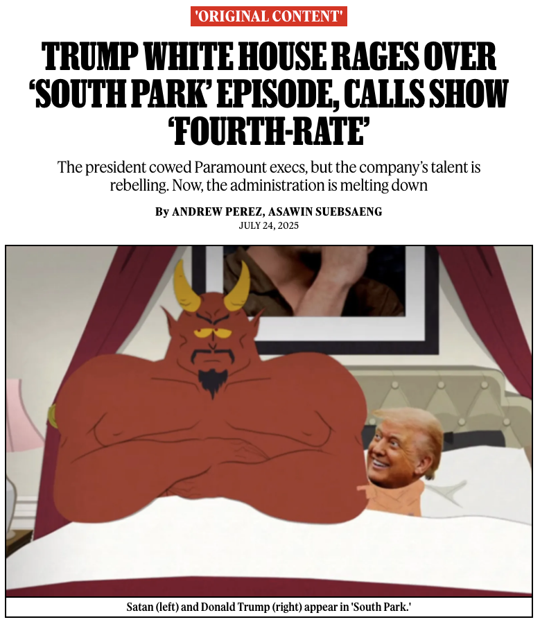 Donald Trump’s White House is melting down over Wednesday night’s South Park premiere, which just so happened to attack the president’s “teeny tiny” manhood.

Story: rollingstone.com/politics/polit…