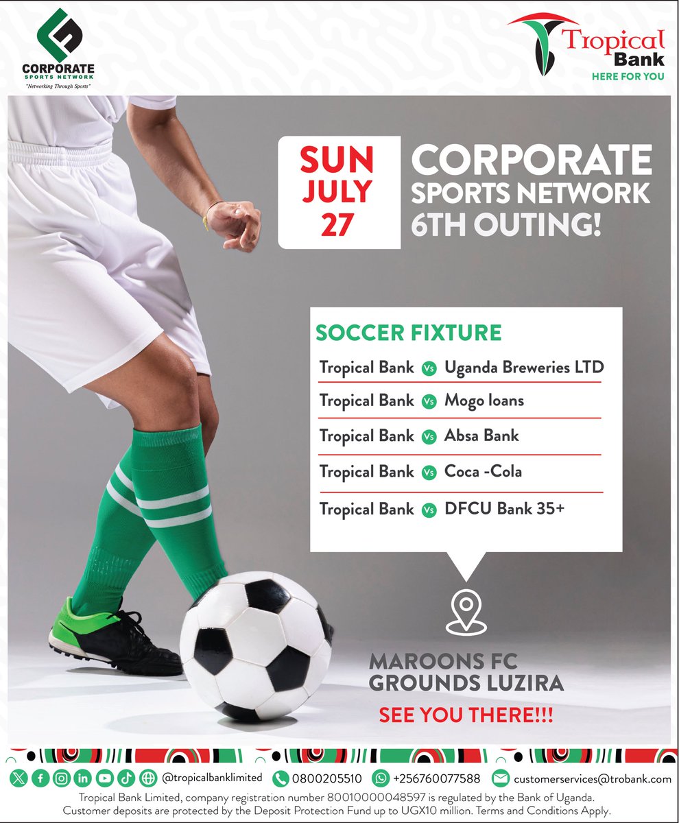 TropicalBankUG's tweet image. It’s MATCHDAY this Sunday!
The Tropical Bank Professionals Team will compete @corporates256, happening at the Maroons FC , Grounds Luzira.
DON’T MISS ACTION IN: SOCCER.
With a day full of energy, teamwork, and fun!
Don’t miss out—we can’t wait to see you there!