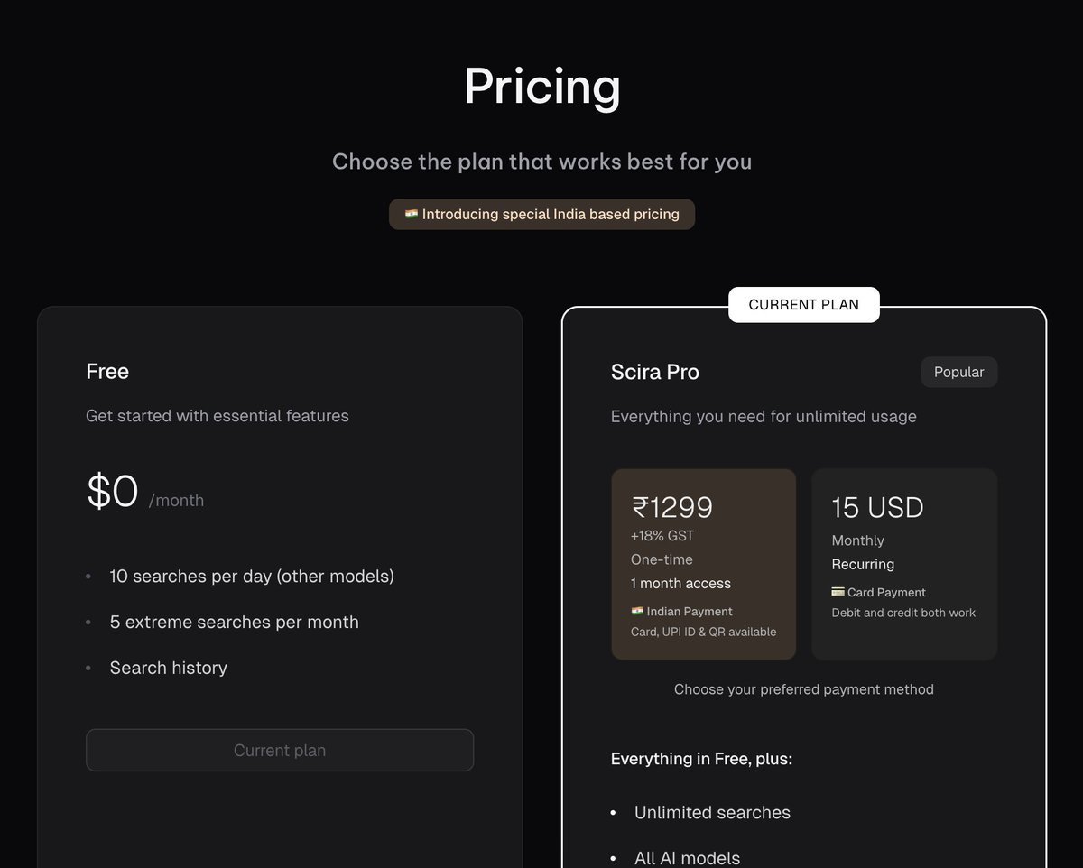 good news for <a href="/sciraai/">Scira AI</a> users from india! 🚀
you can now purchase the scira pro plan via upi 🪙🇮🇳
₹1299 + 18% gst for 1 month access

🇮🇳/acc 🫡
scira.ai/pricing