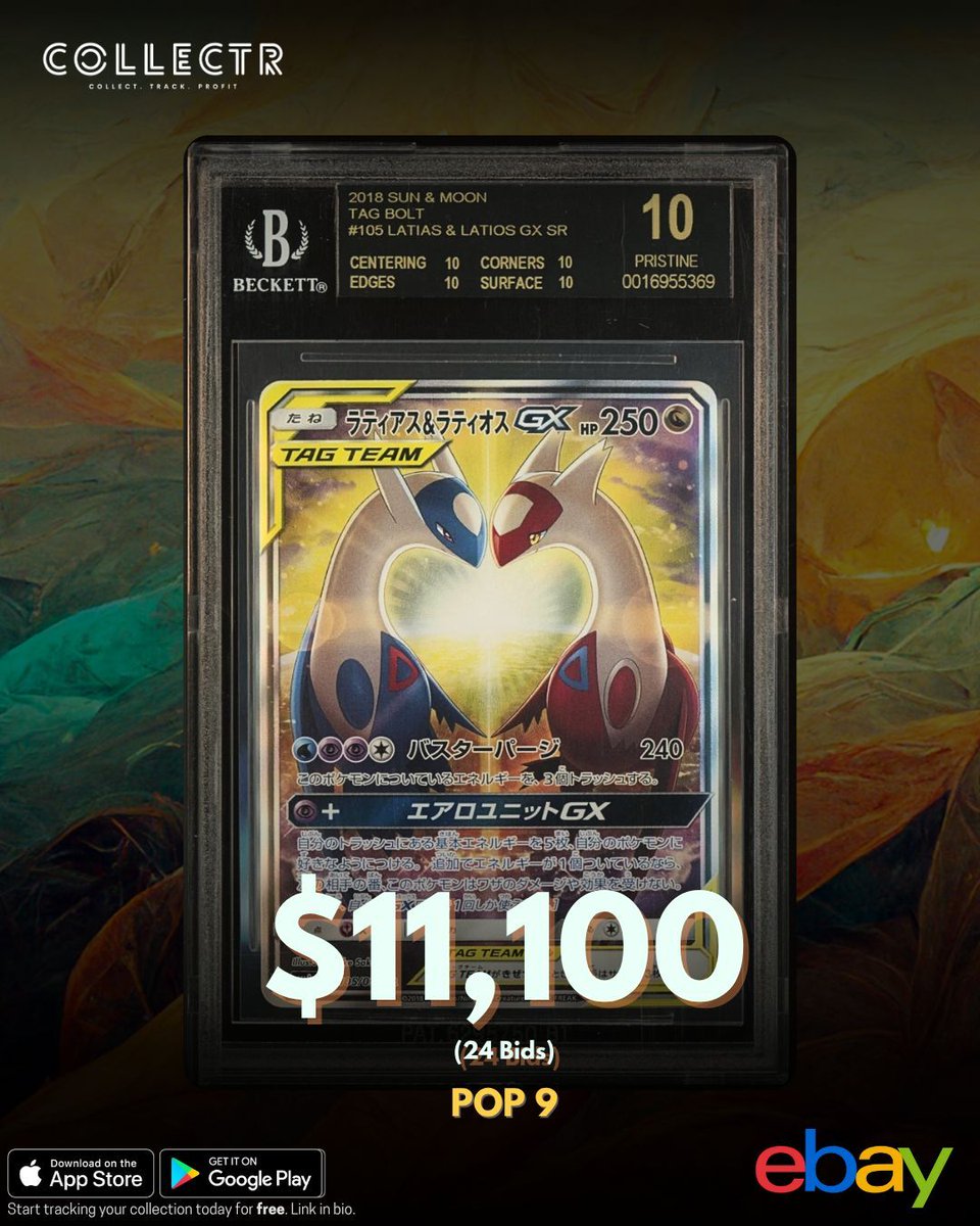 getcollectrapp's tweet image. A #BGS 10 Black Label Japanese #Latias & #Latios GX from the #TagBolt set just sold on #eBay for $11,100.
This card is a super rare POP 9 in #BlackLabel BGS 10.
#pokemontcg #collectibles #pokemoncards #pokemoncommunity #pokemoncollector #PokemonCollection #PokemonCardCollector…