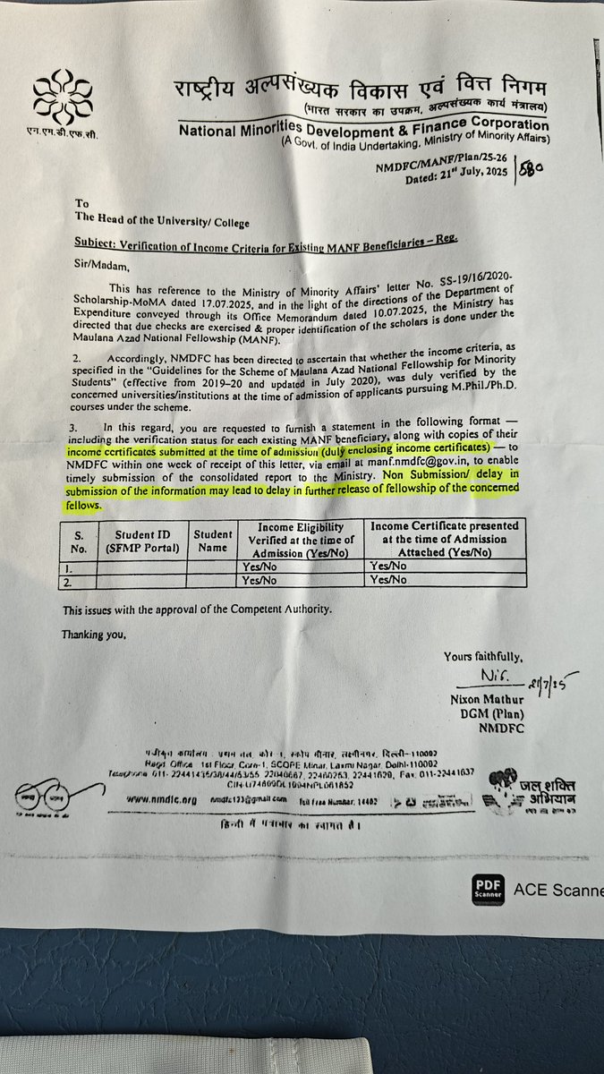 MANF_Scholars's tweet photo. MANF Fellows are Again Facing Injustice.

.@NMDFCIndia is demanding income certificates “from time of admission”. Scholars weren’t asked for it earlier - why punish them now? How can they get this certificate now?

Don't derail existing MANF fellows with retrospective hurdles.

Why penalize scholars for past lapses by @MOMAIndia / University Nodal Officers?

Withdraw this unfair order now!

#StopHarassingMANFScholars
#WithdrawIncomeCertificateNotice