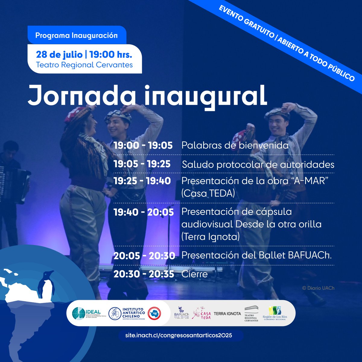 CentroIDEAL_CL's tweet image. 🎭❄️ ¡Atención Valdivia! ¡La ciencia y el arte se unen en el Teatro Regional Cervantes!
Te invitamos a participar en una jornada donde la danza contemporánea, el ballet y el cine se unen en torno a la Antártica.
🕖 Lunes 28 de julio – 19:00 horas
🎟️ Entrada liberada