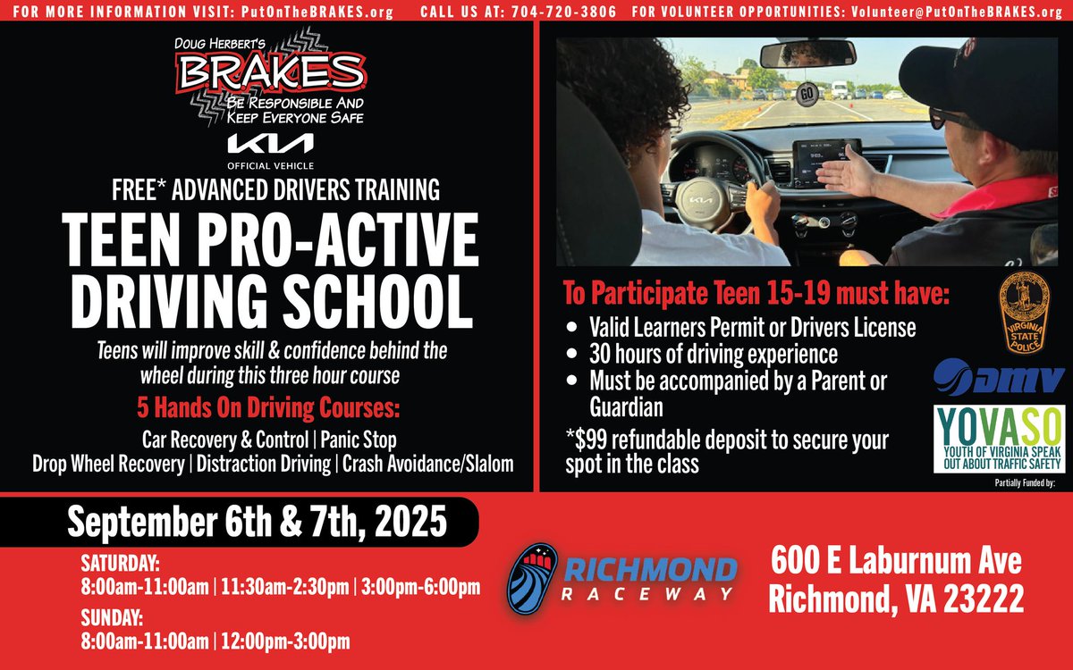 VSPPIO's tweet image. Parents, the BRAKES program is coming to Richmond this September! 🚗 Encourage your teens to register and learn life-saving driving skills. Let’s keep our young drivers safe!
Register: putonthebrakes.org
#TeenDriverSafety #YOVASO #BRAKES