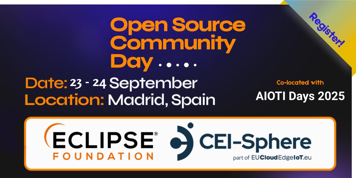 Research@Eclipse (@researcheclipse) on Twitter photo Join Open Source Community Day 2025 in Madrid!
Organised in collaboration with <a href="/EU_CloudEdgeIoT/">EUCloudEdgeIoT</a>, the event features iInsightful talks, project showcases, & collaboration between the teams behind EU-funded projects and the #opensource community: hubs.la/Q03yMfp-0 Join Open Source Community Day 2025 in Madrid!
Organised in collaboration with <a href="/EU_CloudEdgeIoT/">EUCloudEdgeIoT</a>, the event features iInsightful talks, project showcases, & collaboration between the teams behind EU-funded projects and the #opensource community: hubs.la/Q03yMfp-0