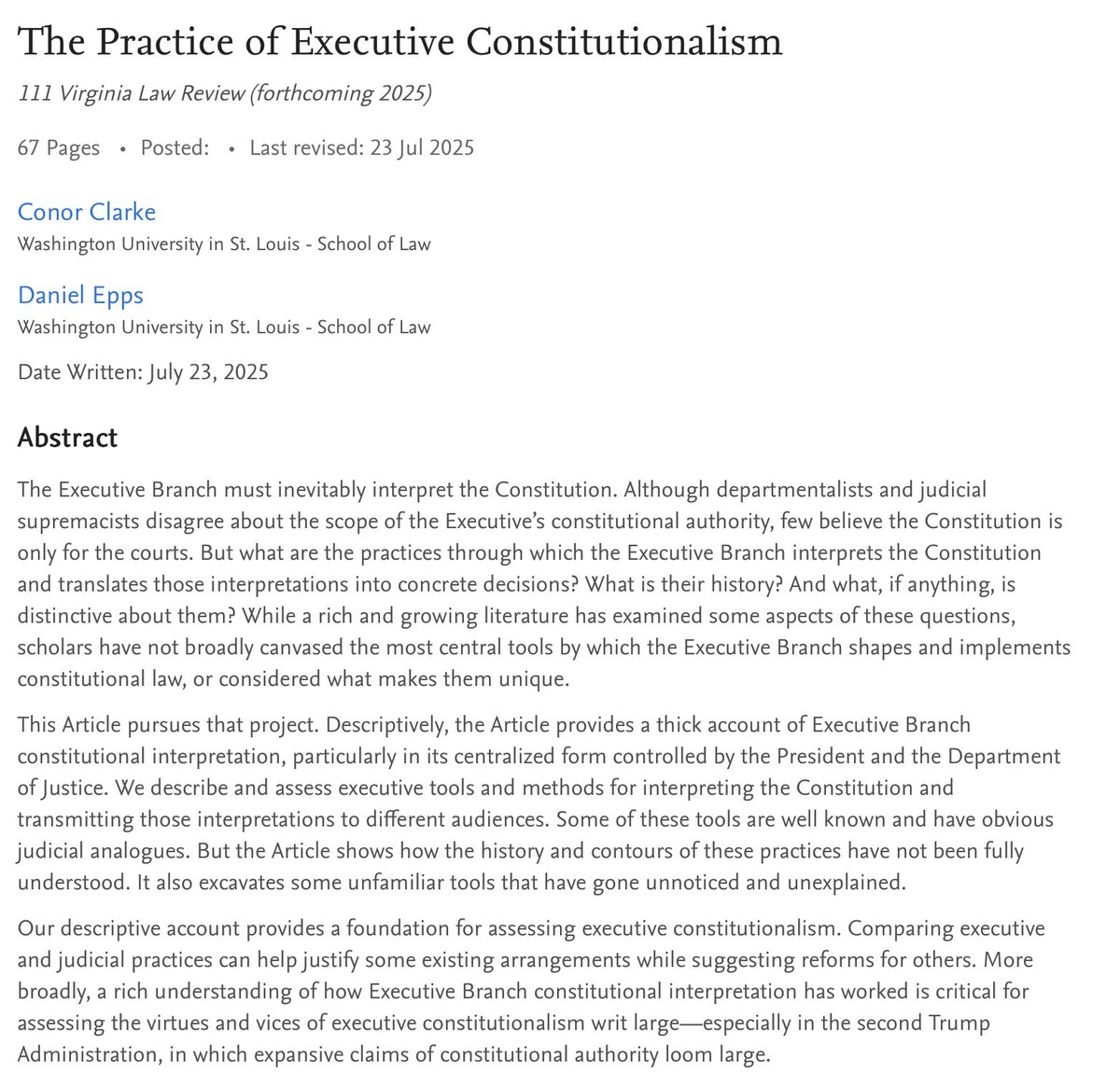 danepps's tweet image. NEW ARTICLE on @SSRN: "The Practice of Executive Constitutionalism," by me and @conorjclarke (forthcoming in @VirginiaLawRev). Check it out! (Link in next tweet to avoid being crushed by the @X algorithm).