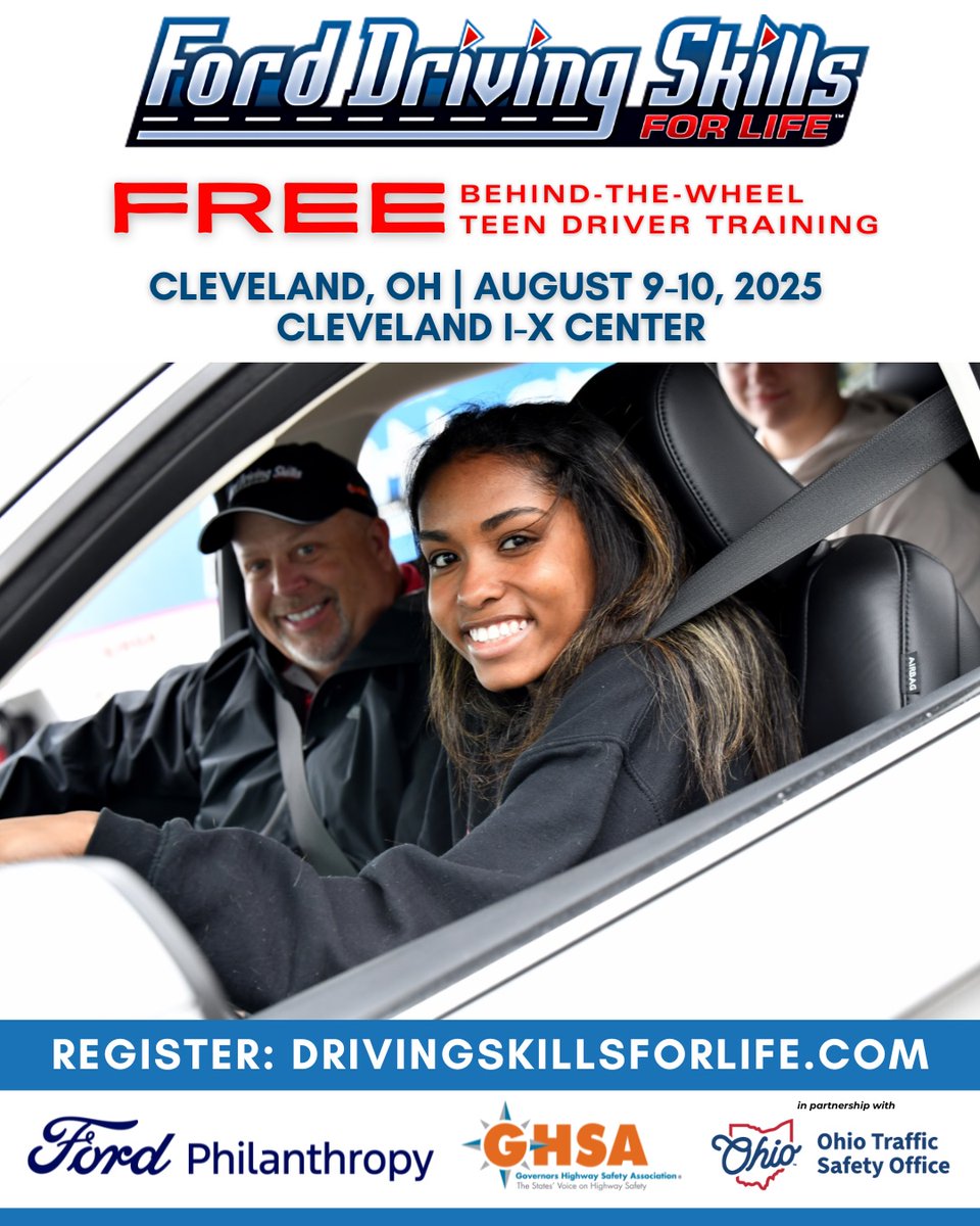 🚘💨 Hey, Cleveland-area teens! Want to level up your driving skills? 

Ford Driving Skills for Life is coming to town with a FREE advanced driver training event that includes driving Ford Mustangs! 🎯🔥 

📅 August 9-10, 2025 
📍 Cleveland I-X Center 

🏁 Get behind the