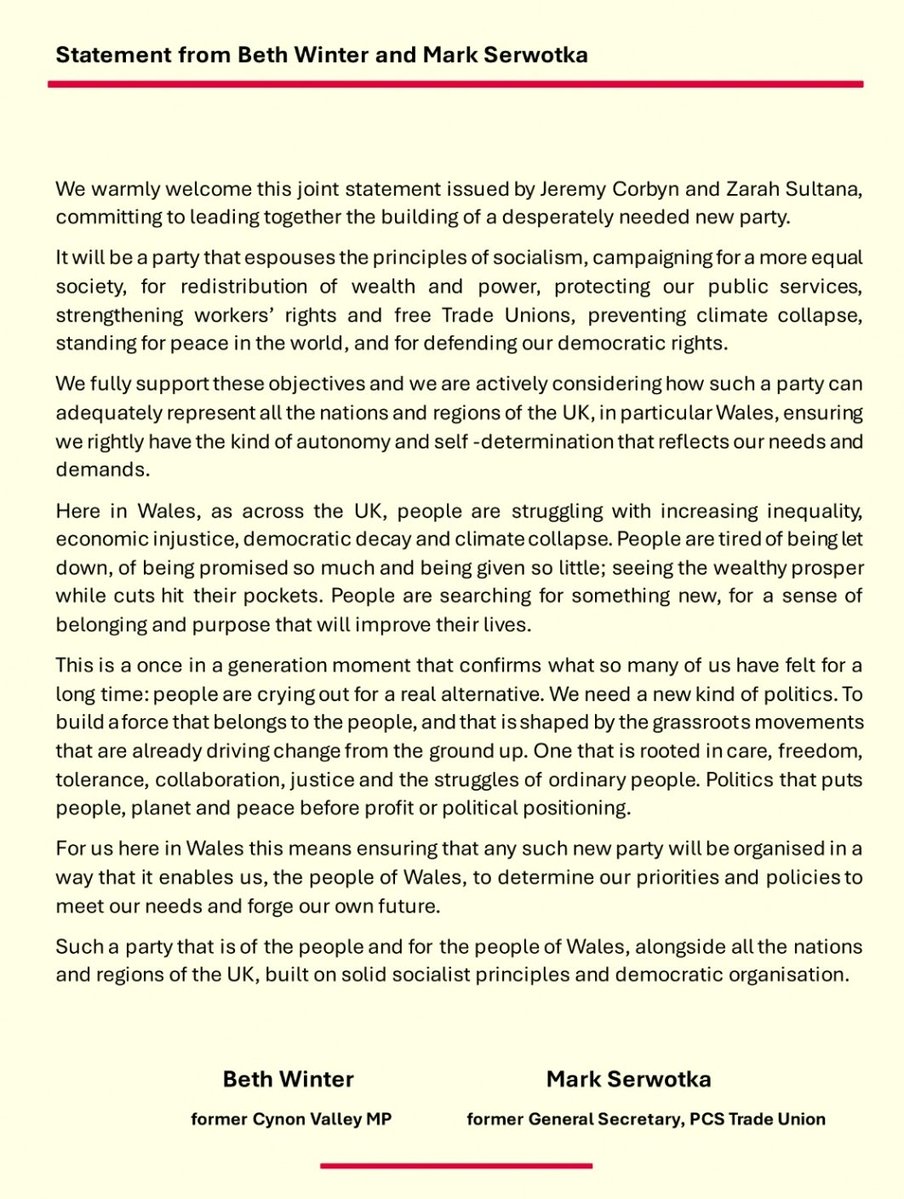 BethWinterCynon's tweet image. Please see below the statement from myself and Mark Serwotka in response to the joint statement by @jeremycorbyn and @zarahsultana on the need for a new kind of political party and what this means for Wales 👇