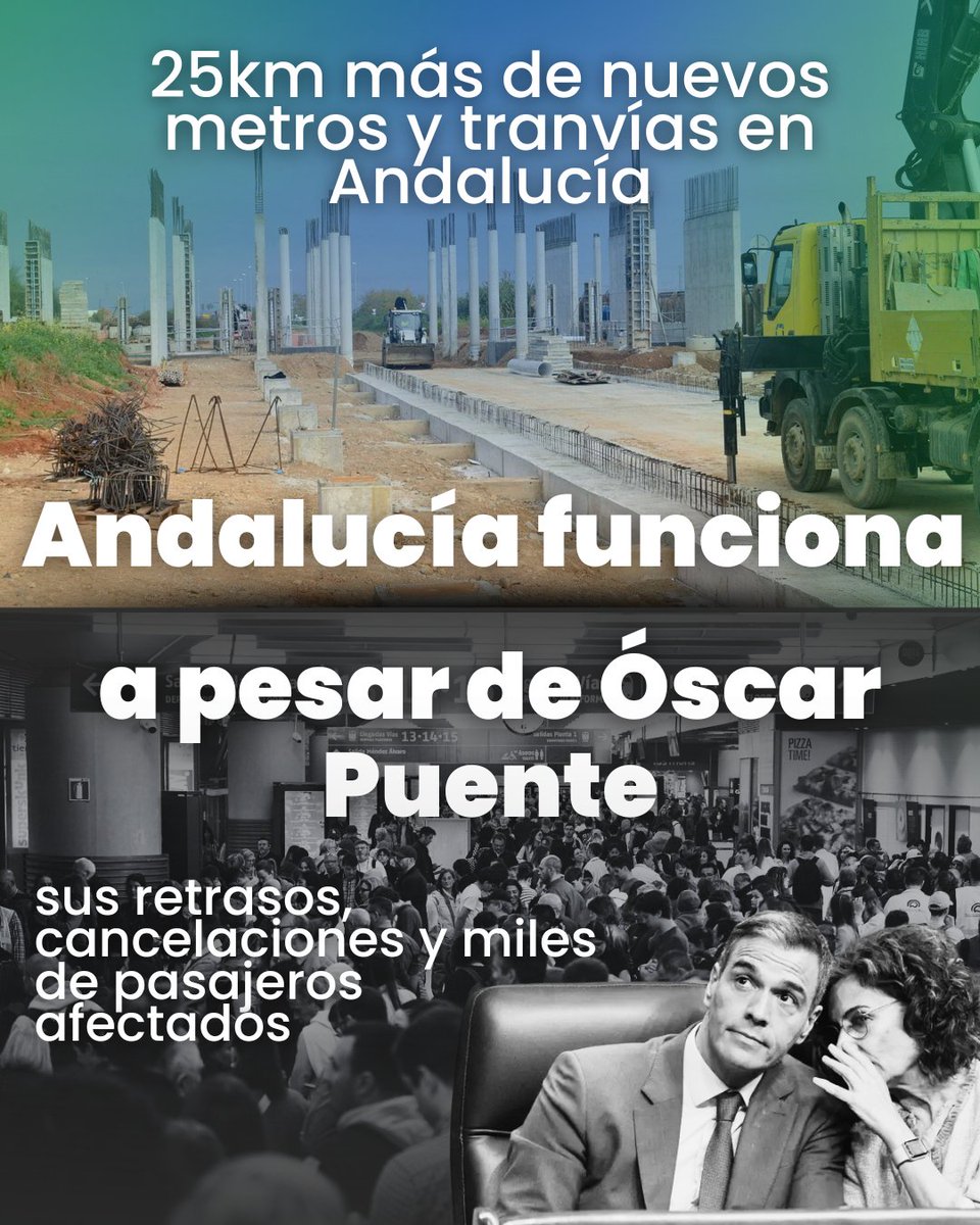 ppandaluz's tweet image. Con Óscar Puente retrasos y cancelaciones de trenes con miles de pasajeros atrapados.
Con @JuanMa_Moreno en Andalucía inversión y proyectos en marcha olvidados por el PSOE.
Frente a la mentira, el ataque y el insulto otra forma de hacer política era posible.