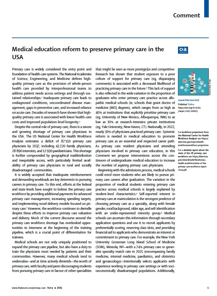 LiuMichaelMD's tweet image. An honor to contribute to the inaugural issue of the @TheLancet Primary Care 🩺! We propose necessary reform across the continuum of undergraduate medical education 🧑🎓🏫 to help address the growing primary care workforce crisis.
Open Access Link: thelancet.com/journals/lanpr…