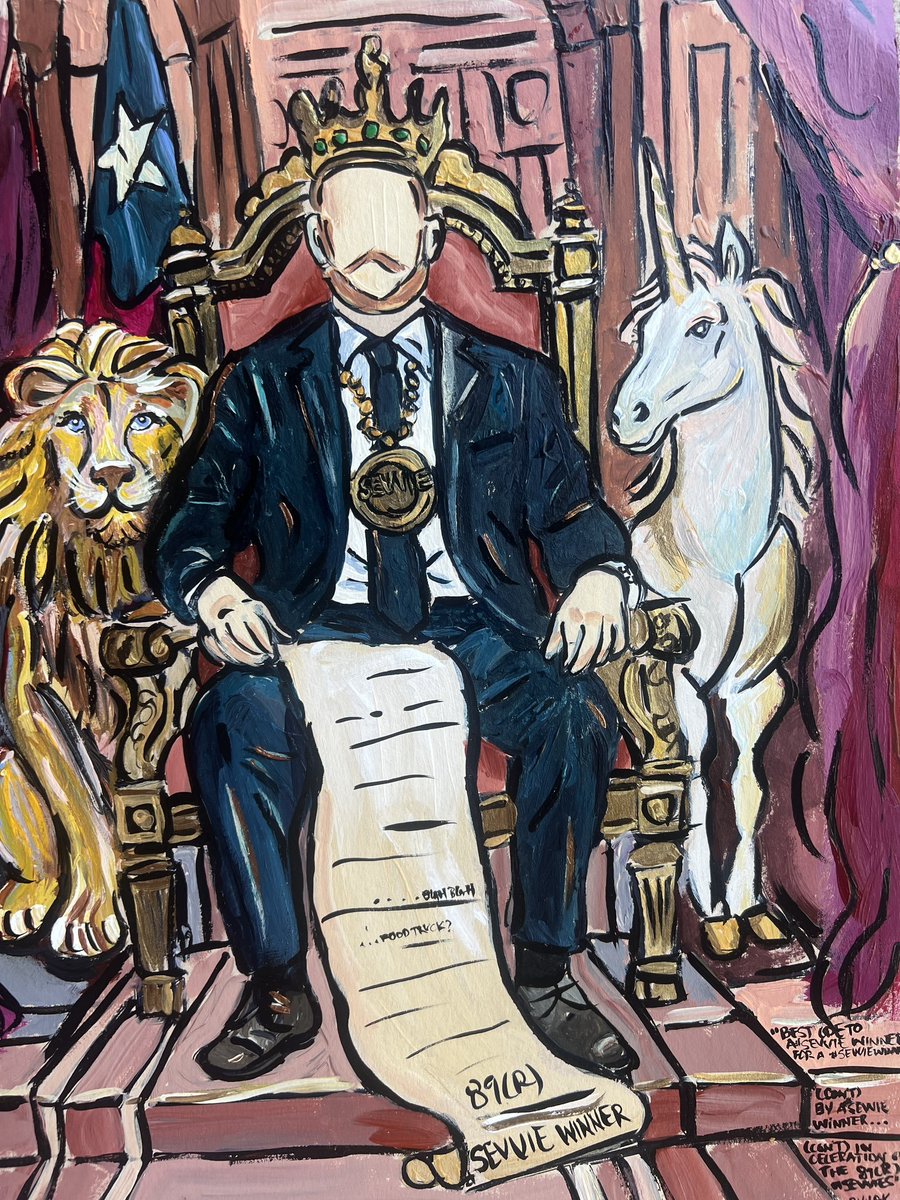 LegeLawyer's tweet image. In Texas, we don’t just win awards. We immortalize them in acrylic on canvas.
I proudly present my official 89R SEVVIE portrait, masterfully rendered by the inspired @LauraAK_TX (a SEVVIE winner herself!)
Long may the “Best #TxLege Influencer” reign. 🦁👑🦄

#SEVVIE #TxLege