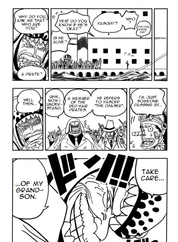 ⚠️ ONE PIECE TRIVIA! ⚠️

Did you know? In Yasopp's Vivre Card, there was a scene from Oda’s original manuscript that was shown which never made to the final version of the manga! (most likely scrapped by Oda's editor) 

In this scrapped scene, it shows an interaction between