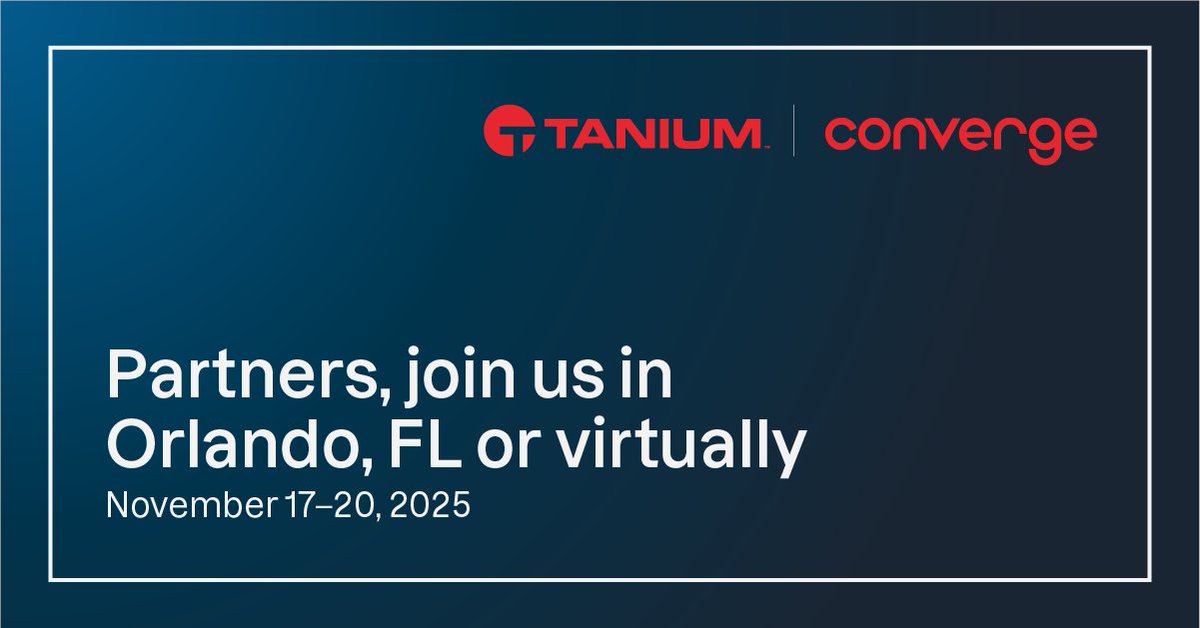 Tanium (@tanium) on Twitter photo We’re pleased to have <a href="/Carahsoft/">Carahsoft</a>, <a href="/FiligranHQ/">Filigran</a>, <a href="/Forescout/">Forescout</a>, MOVE Technology, <a href="/screenmeet/">ScreenMeet</a>, and <a href="/truezerotech/">True Zero Technologies, LLC</a> as sponsors of #TaniumConverge November 17-20 in Orlando, FL. 🙏
There’s still time to register and become a sponsor ⏳ : bit.ly/4oaPhlN
#CatchMeAtConverge We’re pleased to have <a href="/Carahsoft/">Carahsoft</a>, <a href="/FiligranHQ/">Filigran</a>, <a href="/Forescout/">Forescout</a>, MOVE Technology, <a href="/screenmeet/">ScreenMeet</a>, and <a href="/truezerotech/">True Zero Technologies, LLC</a> as sponsors of #TaniumConverge November 17-20 in Orlando, FL. 🙏
There’s still time to register and become a sponsor ⏳ : bit.ly/4oaPhlN
#CatchMeAtConverge