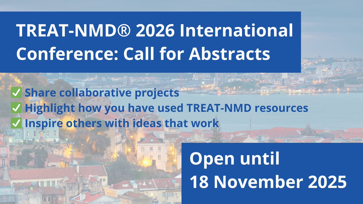 Call for Abstracts: TREAT-NMD® Conference 2026!

Taking place in February 2026, this is your chance to share your work, connect with the global neuromuscular community, and contribute to improving care and collaboration worldwide.

We welcome abstracts that highlight: 
✅