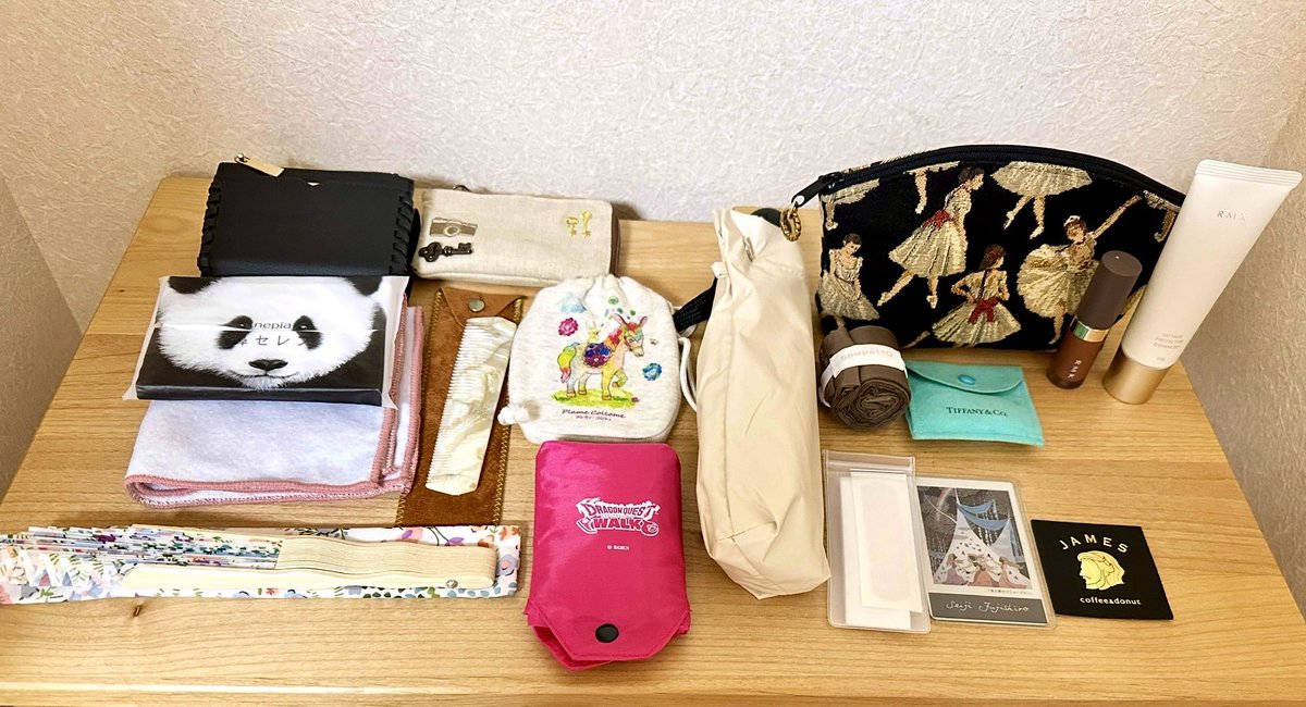 ACORN_Sosuke's tweet image. 夜分遅くに申し訳ないです。
パッと撮りました。
Amazonで買った日傘とバレリーナ🩰ポーチ。
RMKの日焼け止めとドラクエウォークのエコバッグが加わりました。
絶対に焼かないぞ!
#バッグの中身
#これに麦茶とスマホが入ります