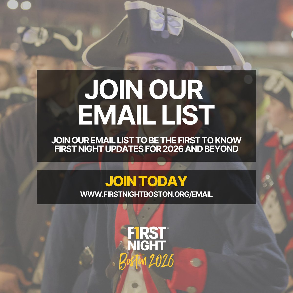 Want to be the first to hear about performer announcements, special events, and more? Then join our email list! ✉️

And as we approach the 50th #FirstNightBoston, we have a few surprises up our sleeve we can't wait to share. ✨ Sign up below!

firstnightboston.org/email/