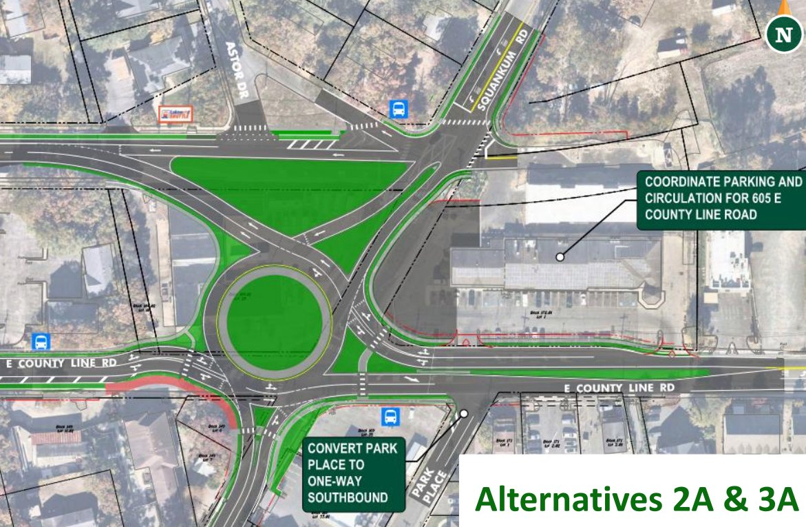 NJTPA's tweet image. A Local Concept Development Study of County Line Road and Kennedy Boulevard in Lakewood, Ocean County investigated 3 alternatives to improve traffic congestion and safety, including a five-leg roundabout. DETAILS: njtpa.org/Newsroom/NJTPA…