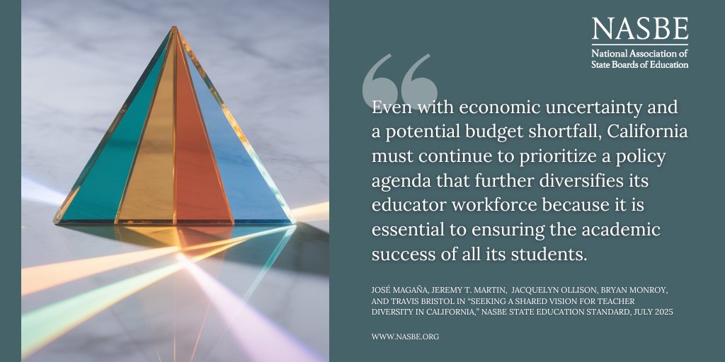 NASBE's tweet photo. Out now! @Latinos4Ed José Magaña, @ucbcreeo Jeremy T. Martin and Jacquelyn Ollison, @TeachPlusCa Bryan Monroy, and @TravisJBristol co-author a policy brief on teacher diversity in California for the #NASBEStandard. Read the special issue here: https://t.co/aQbqNv3cb0 https://t.co/ZF6XD8BVyK