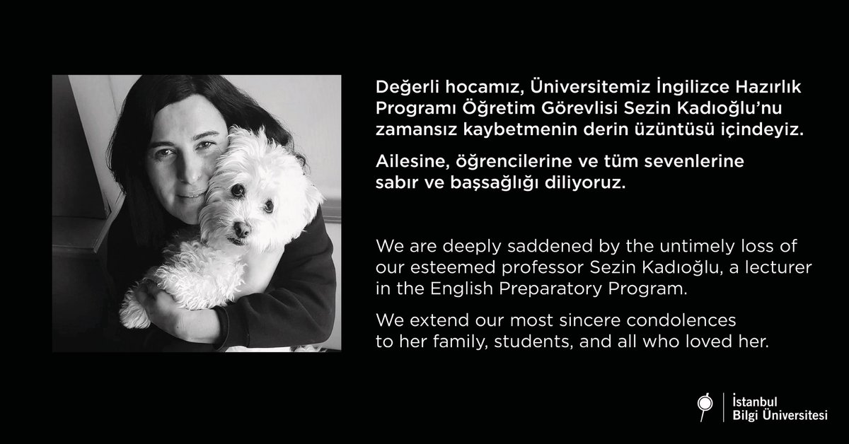 BiLGiOfficial's tweet image. Değerli hocamız, Üniversitemiz İngilizce Hazırlık Programı Öğretim Görevlisi Sezin Kadıoğlu’nu zamansız kaybetmenin derin üzüntüsü içindeyiz.
Merhumenin cenazesi 25 Temmuz Cuma günü ikindi namazını müteakip Ataköy 5. Kısım Camii’nden kaldırılacaktır.
Ailesine, öğrencilerine…