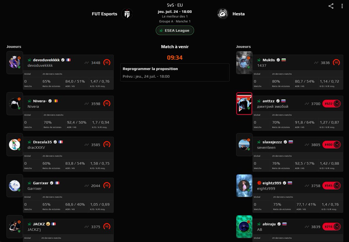 Retour de <a href="/HopLanSXB/">Hoplan by AEA</a>, en plein IEM Cologne chez <a href="/CroissantStrike/">Croissant Strike</a>, on reprend du service pour l'ESEA 🟢

18H : ESEA Advanced : 🇫🇷<a href="/FUTesportsgg/">FUT Esports</a> 
19H : ESEA Main : 🇫🇷<a href="/HermineEsports/">Hermine Esports Club</a> 
20H : ESEA Main : 🇫🇷<a href="/TeamATRIVM/">ATRIVM</a> 
21H30 : ESEA Main : 🇫🇷<a href="/OldFriendsClub_/">OldFriendsClub</a> 🆚 <a href="/teamMYD/">MYD</a> 🇫🇷
📺⬇️✅