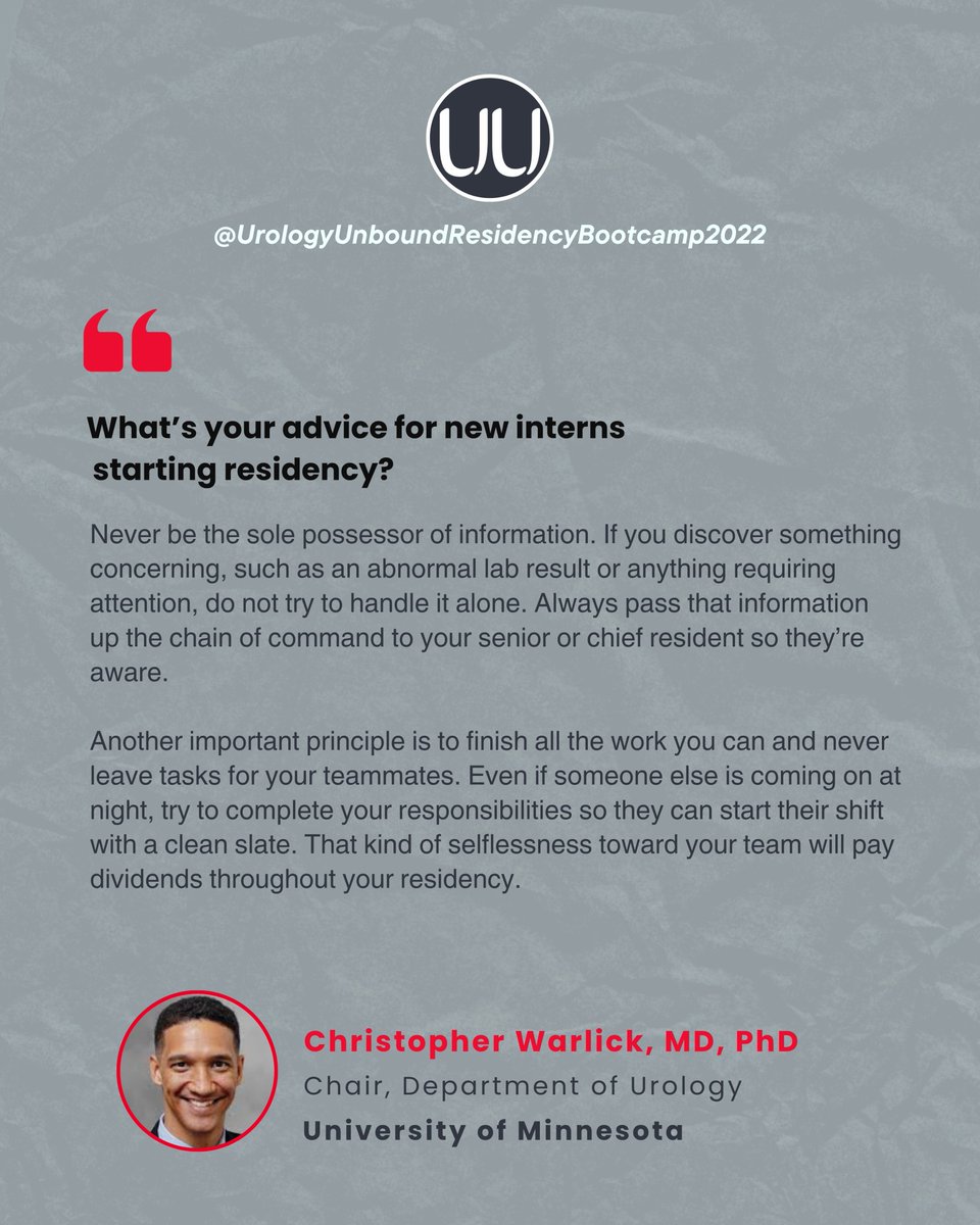 UrologyUnbound's tweet image. 💬More residency gems!
At the 2022 Urology Unbound Bootcamp, Dr. Christopher Warlick of @UMNUrology dropped advice every new urology intern should hear. 📘✨
🎥 Residents: Watch the full session at urologyunbound.org
@rfrankjones_uro @SNMA @UroAcademic @LmsaNational