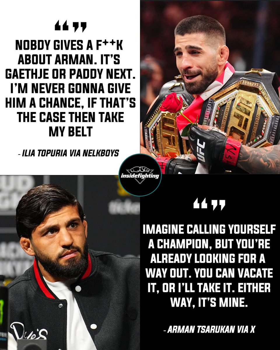 InsideFighting_'s tweet image. Ilia Topuira says he's never going to give Arman Tsarukyan a chance to fight for the belt. Arman replied via x this morning 👀😳
Ilia Topuira: "Nobody gives a f**k about Arman. It's Gaethje or Paddy next. I'm never gonna give him a chance, If thats the case then take my belt."…