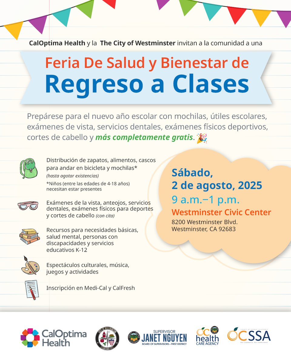CalOptima's tweet image. 🗓️ Mark your calendars to attend CalOptima Health’s Annual Back-to-School Health and Wellness Fair this Saturday, August 2, from 9 a.m. to 1 p.m. at the Westminster Civic Center ( 8200 Westminster Blvd). For more information and event details, visit: bit.ly/chbts2025