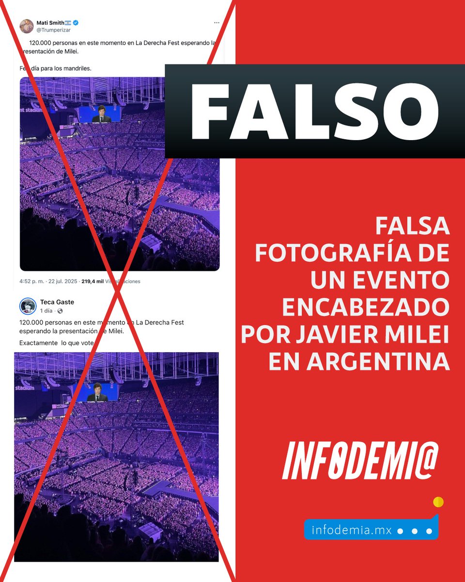 infodemiaMex's tweet image. ❌Falsa fotografía de un evento encabezado por Javier Milei (@JMilei) en #Argentina
✅La imagen que circula en redes sociales en la que se observa un estadio lleno de personas donde se proyecta una imagen del presidente de Argentina Javier Milei no corresponde con el evento “La…