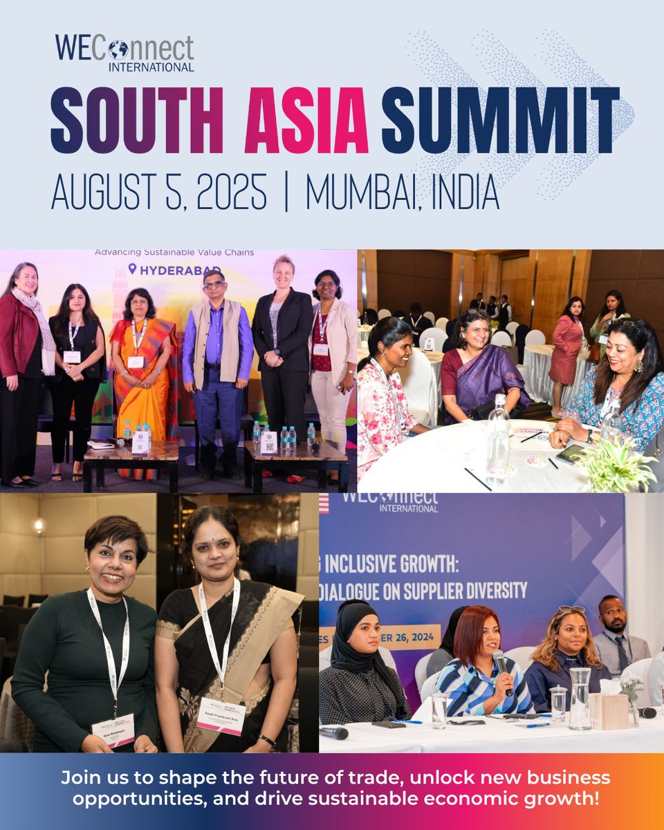 WEConnect International is headed to Mumbai next month for the 2025 South Asia Summit, our premier event uniting global and regional leaders to power the future of trade.

 🔗 Join us: hubs.la/Q03yMfVT0

#WomenOwned #PowerofAccess