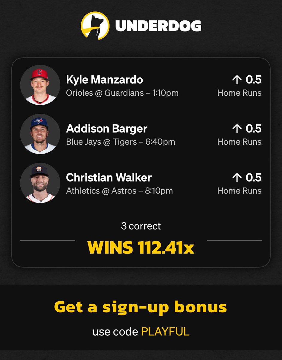 ItsPlayful_'s tweet image. 3 dudes. 3 swings. Todays the day
Underdog code PLAYFUL when signing up to earn up to $1000 in bonus cash 🤝