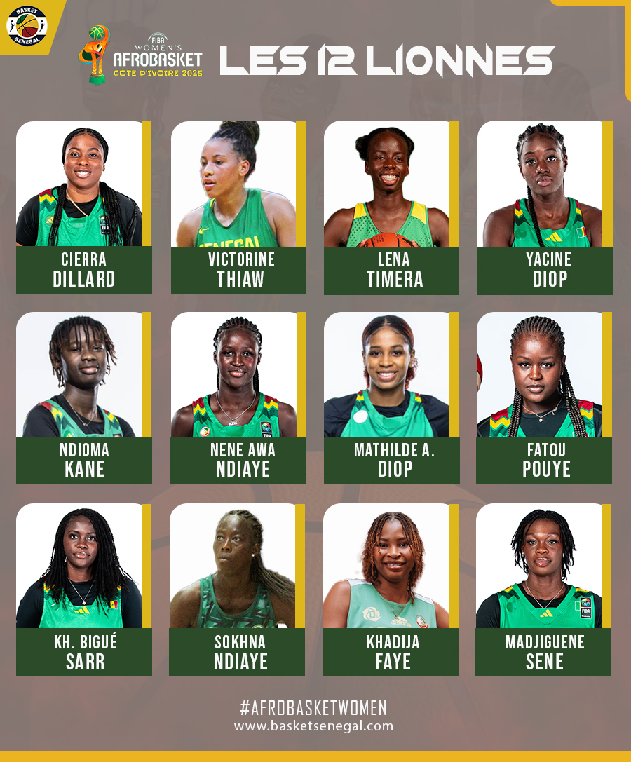 Basket_Senegal's tweet image. 📢Afrobasket 2025 🏆
Les 12 Lionnes🇸🇳 sont là !
Otis Hughley Jr a choisi ses Gaïndés✨ pour défendre les couleurs du Sénégal à Abidjan 🏀
#basketsenegal #AfrobasketWomen #afrobasket2025 #senegal #teamsenegal