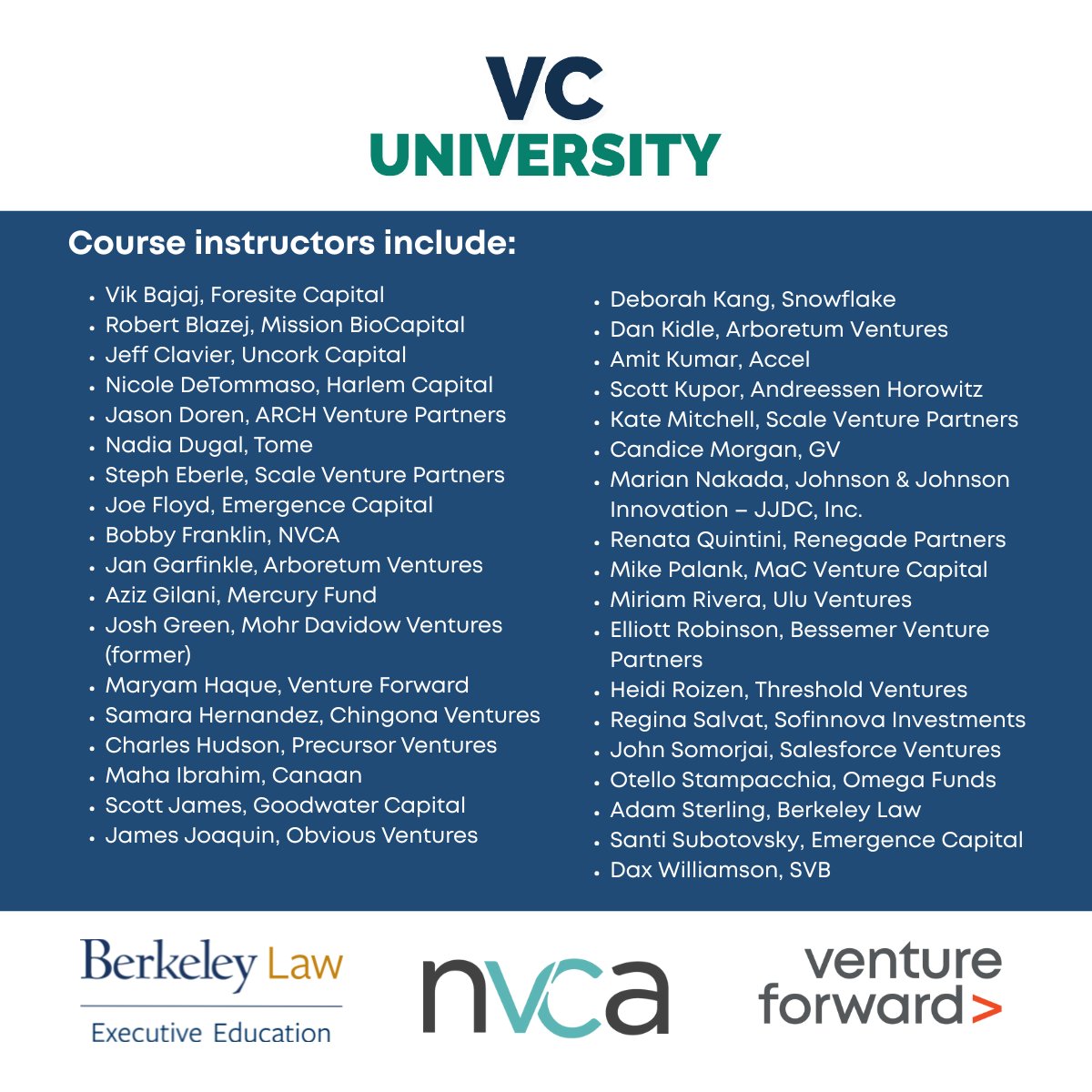 Venture Forward (@vcforward) on Twitter photo 🎓 Don’t miss out on your chance to join #VCUniversity, our industry-leading certificate course offered in partnership with @NVCA and <a href="/BerkLawExecEd/">Berkeley Law Executive Education</a>. Cohort 20 starts Sept. 2, and the early-bird discount is available until Aug. 1!
Sign up today: venturecapitaluniversity.com/online-course 🎓 Don’t miss out on your chance to join #VCUniversity, our industry-leading certificate course offered in partnership with @NVCA and <a href="/BerkLawExecEd/">Berkeley Law Executive Education</a>. Cohort 20 starts Sept. 2, and the early-bird discount is available until Aug. 1!
Sign up today: venturecapitaluniversity.com/online-course