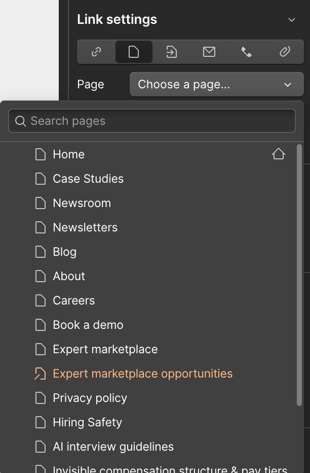 thepixelgeek's tweet image. finally. page search in link settings. thank @webflow
